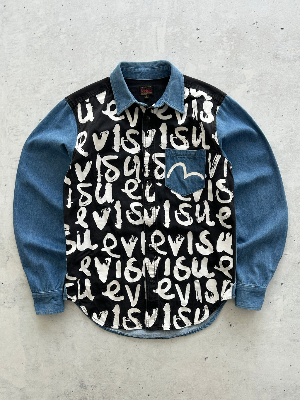 00's Evisu rare staff AOP Spell Out Denim Shirt (S)