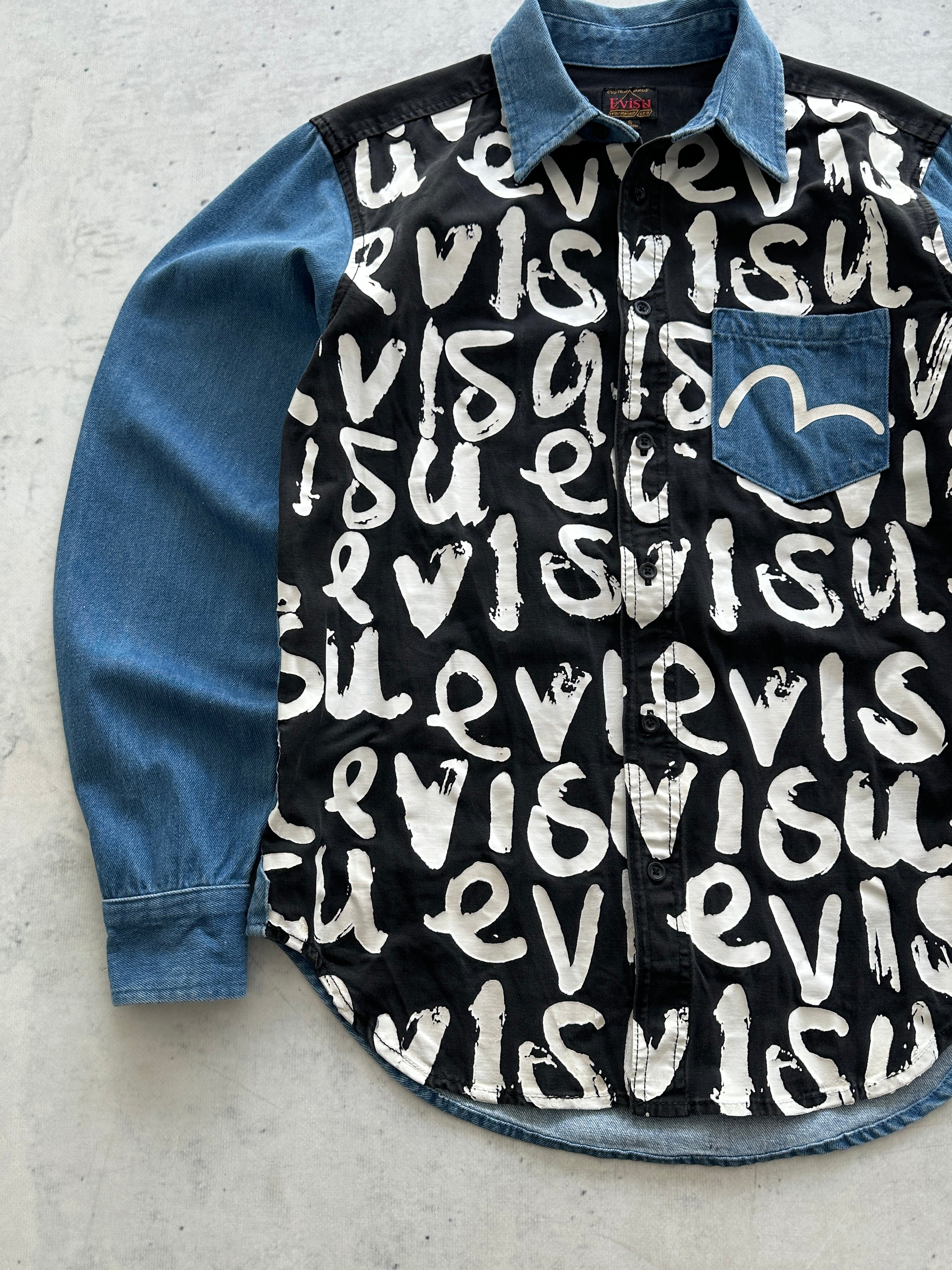 00's Evisu rare staff AOP Spell Out Denim Shirt (S)