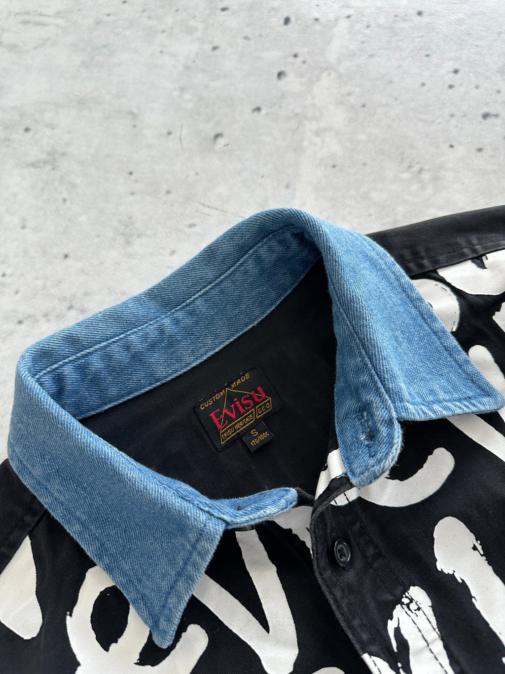 00's Evisu rare staff AOP Spell Out Denim Shirt (S)