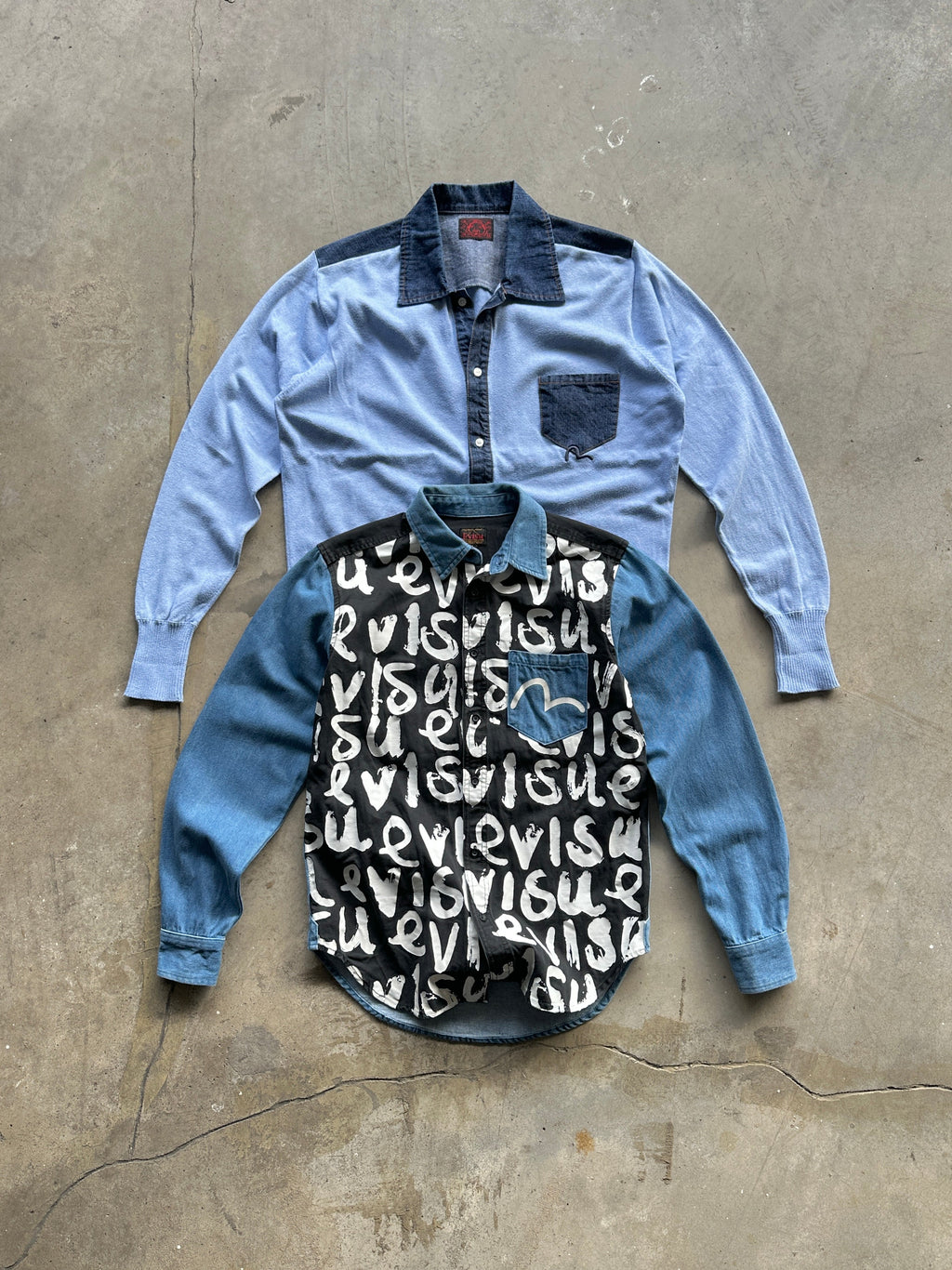 00's Evisu rare staff AOP Spell Out Denim Shirt (S)