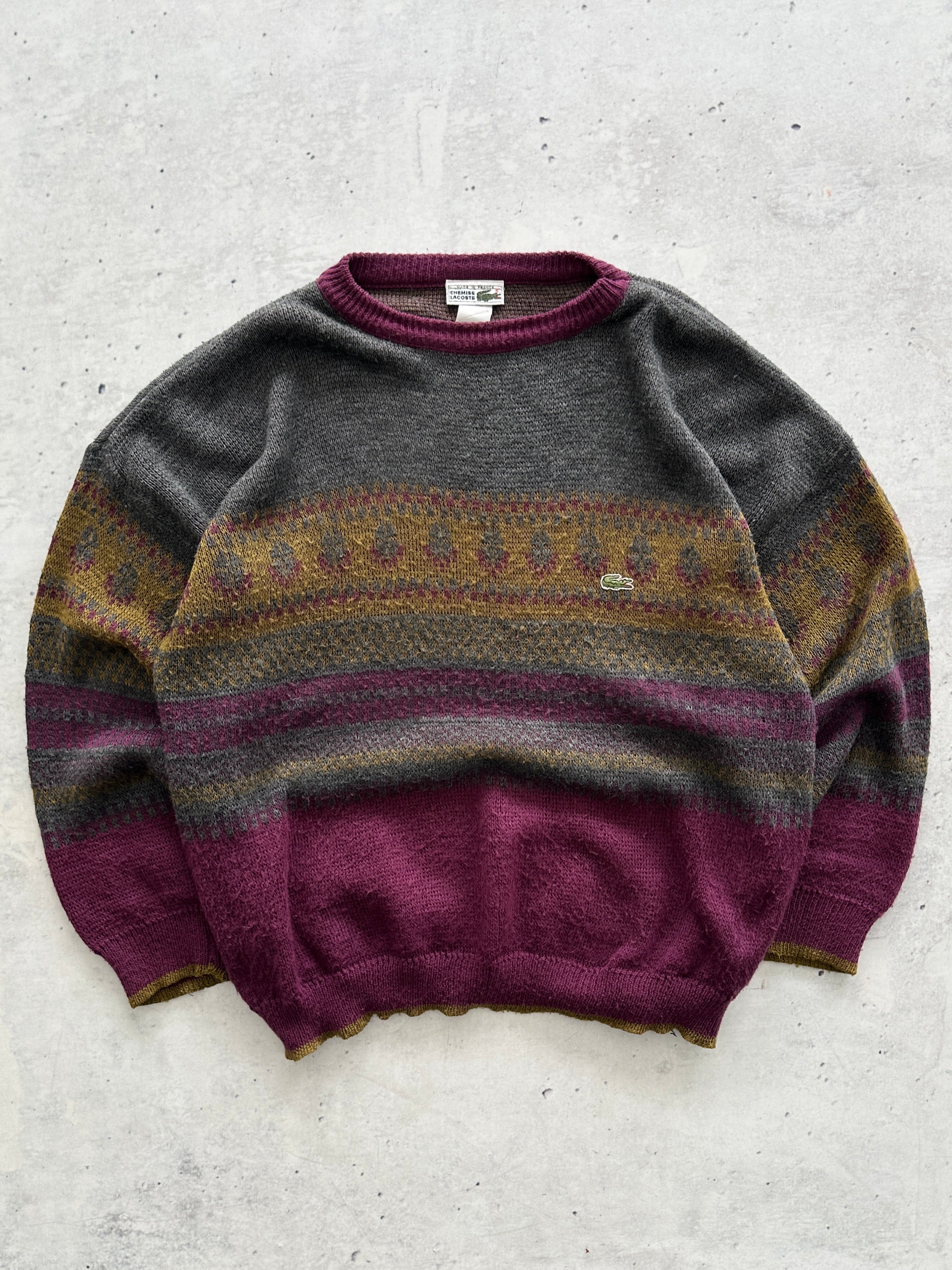80's Chemise Lacoste Patterned Crewneck Knit Jumper (XL)