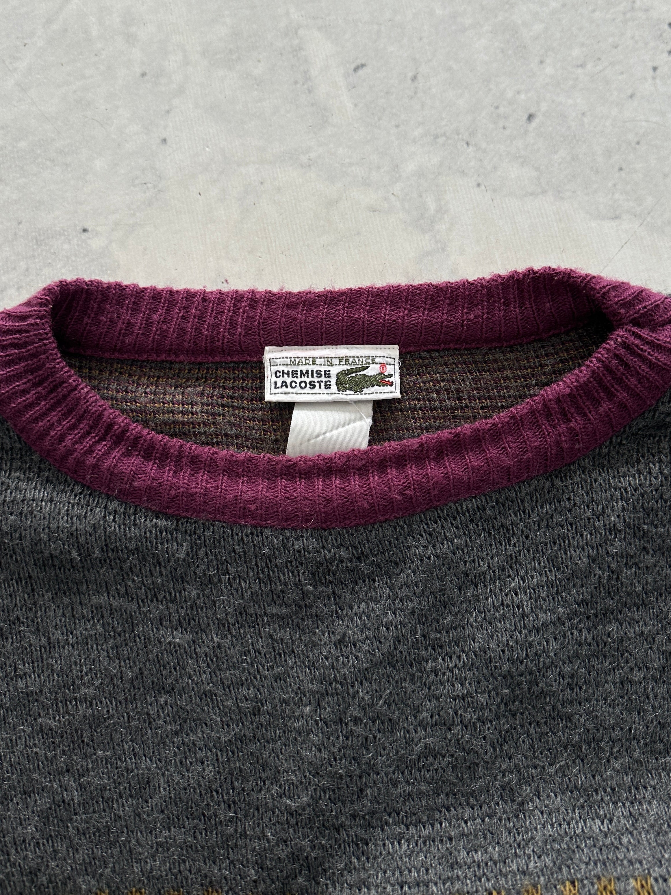 80's Chemise Lacoste Patterned Crewneck Knit Jumper (XL)